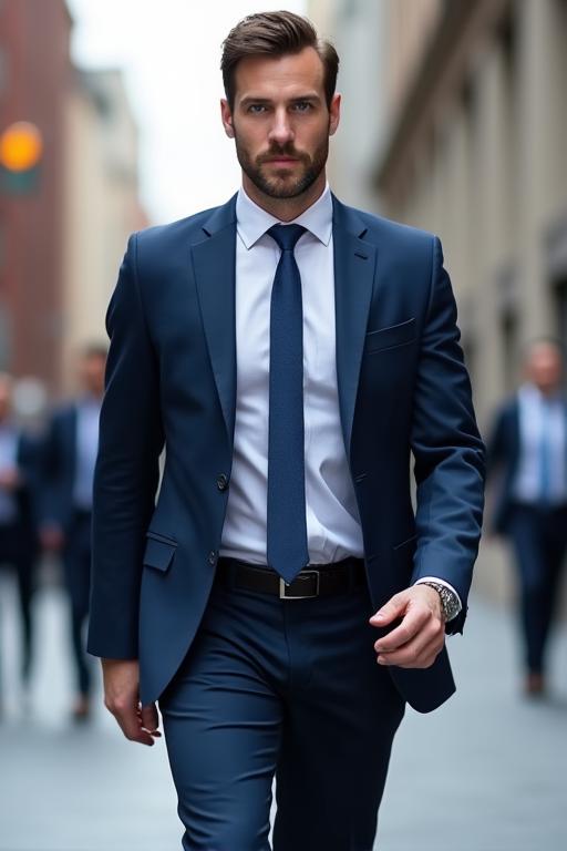 Hombre de negocios caminando con confianza en un traje a medida.