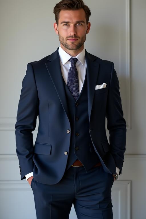Hombre con traje azul marino de tres piezas.
