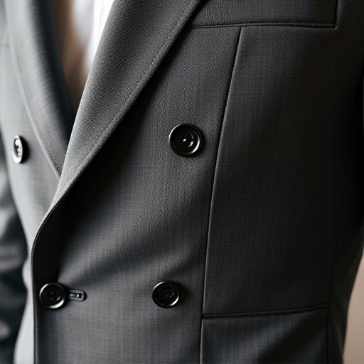 Detalle de un traje gris de doble botonadura.