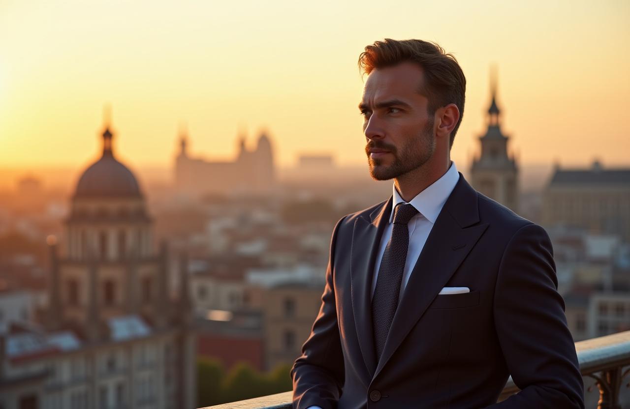 Hombre de negocios con traje elegante en un balcón con vistas a Madrid.
